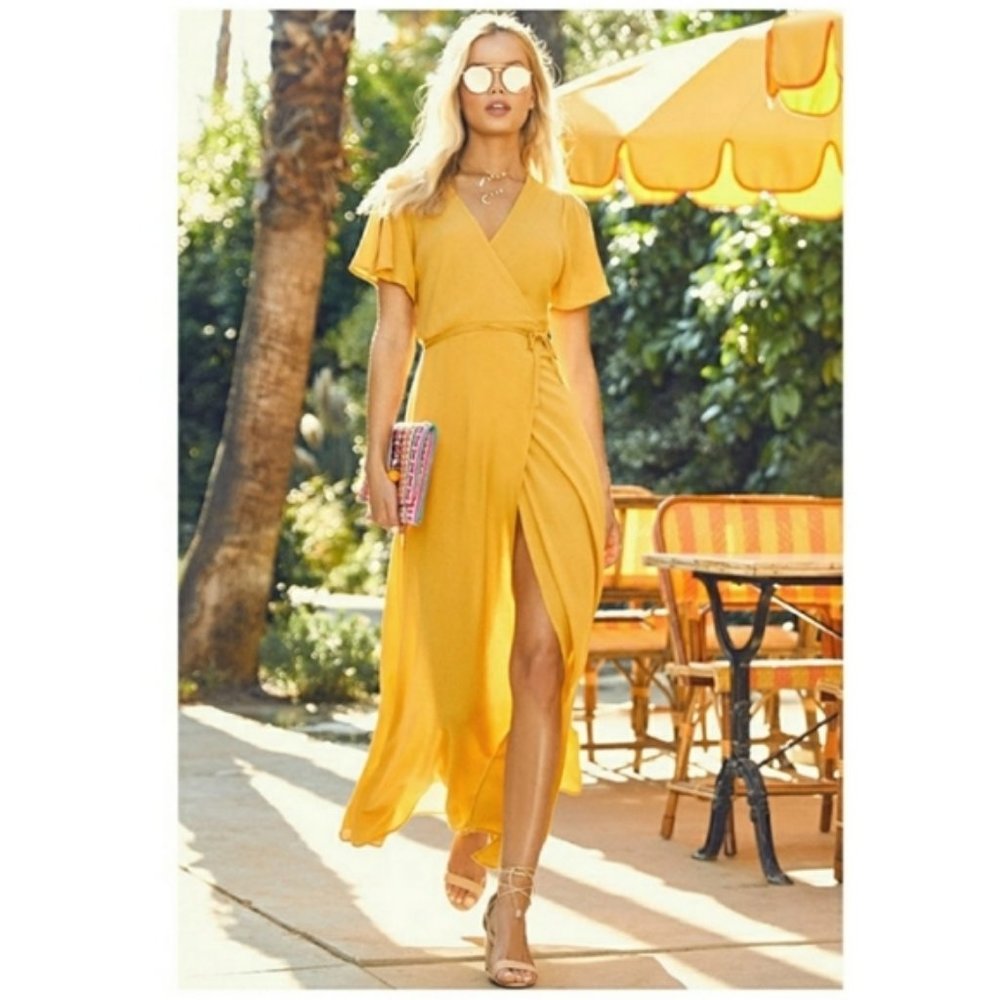 Lulu's Much Obliged Golden Yellow Wrap Maxi Dress